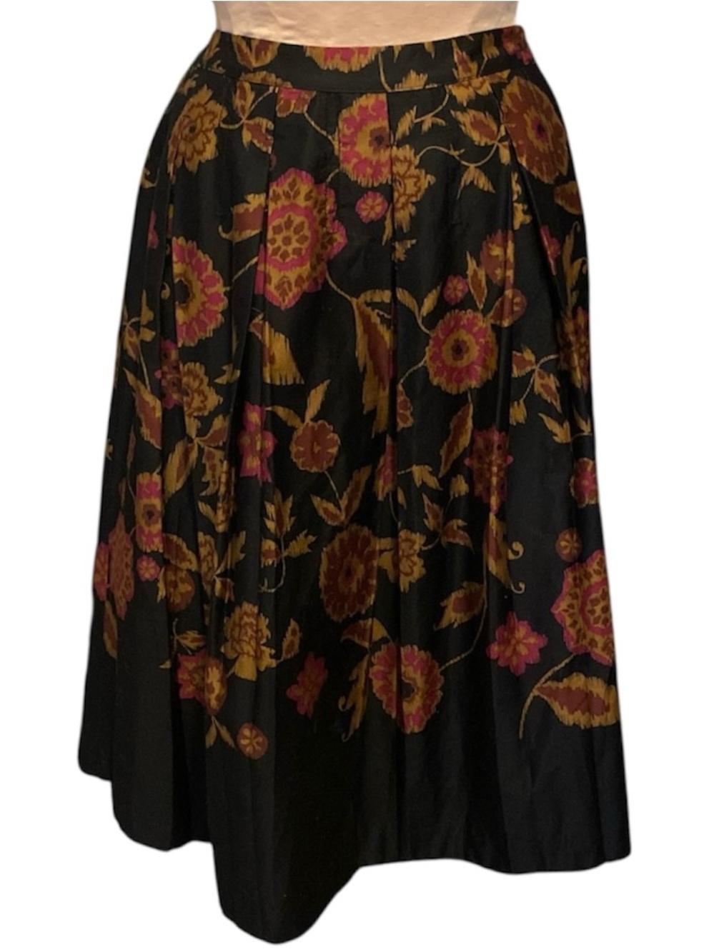 Peck & Peck 100% Cotton Black Floral Midi Skirt with Pink and Gold Accents